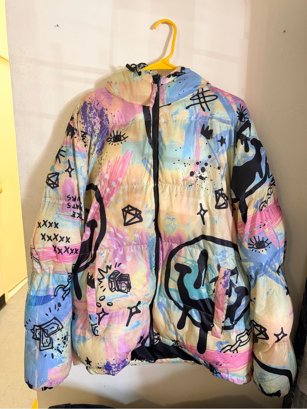 Reason Graffiti-Print Hooded Puffer Jacket - Pastel Pink, Blue, Cream
